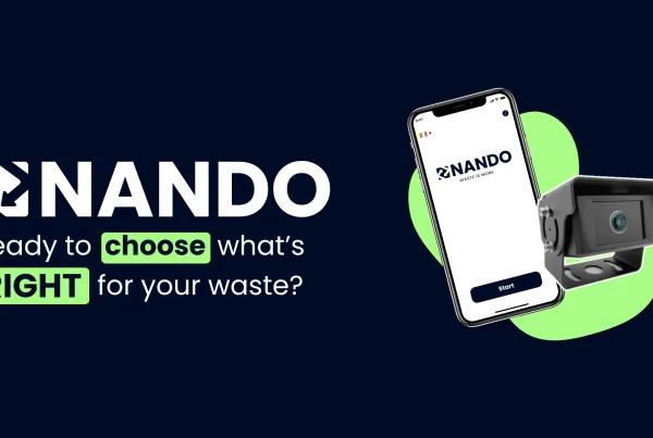 Image with a blue background and white logo featuring the title 'Ready to choose what’s right for your waste?' Next to it are the icons of NANDO.App and NANDO.Sensor.