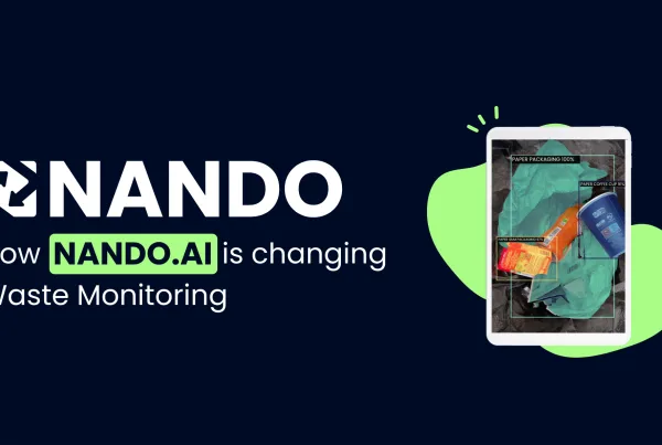 Image with a blue background and Nando AI logo. Title 'How Nando AI is changing Waste Monitoring' with a tablet scanning and identifying waste in a bin.
